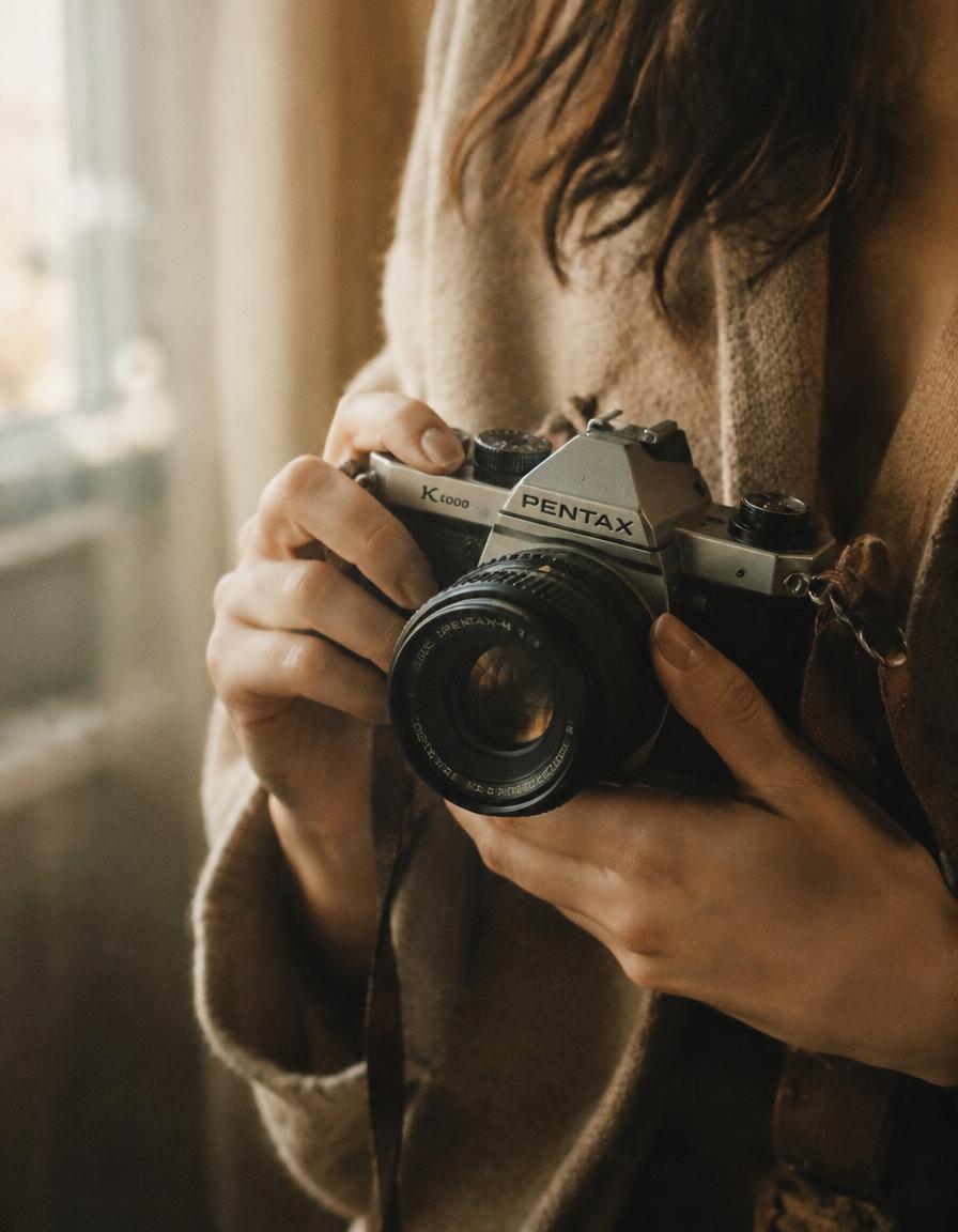 Mãos segurando uma câmera fotográfica analógica